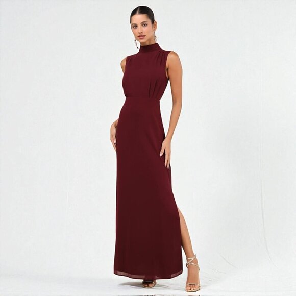 Lulus Classic Elegance Plum Chiffon Sleeveless Mock Neck Maxi Dress Size Small - Picture 1 of 9